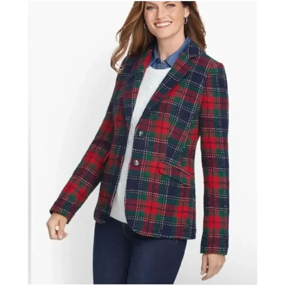 Talbots NWT classic Shetland blazer in evening plaid red green 8
